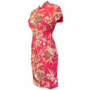 Cap Sleeve Cheongsam Coral Botanical Print Dress NWT